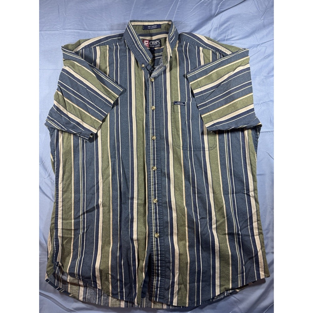 Vintage Chaps Ralph Lauren Men's Green Striped Short Sleeve Button Up Size Large